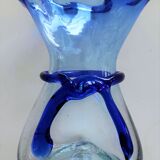 Biot vase in bluish transparent glass and blue scarf