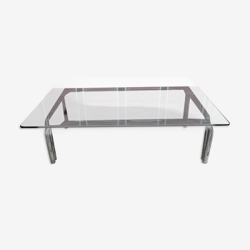 70s designer coffee table, chrome base and smoked glass top