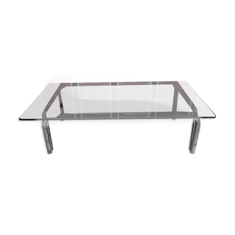 Table basse design années 70, piètement chromé et plateau en verre fumé