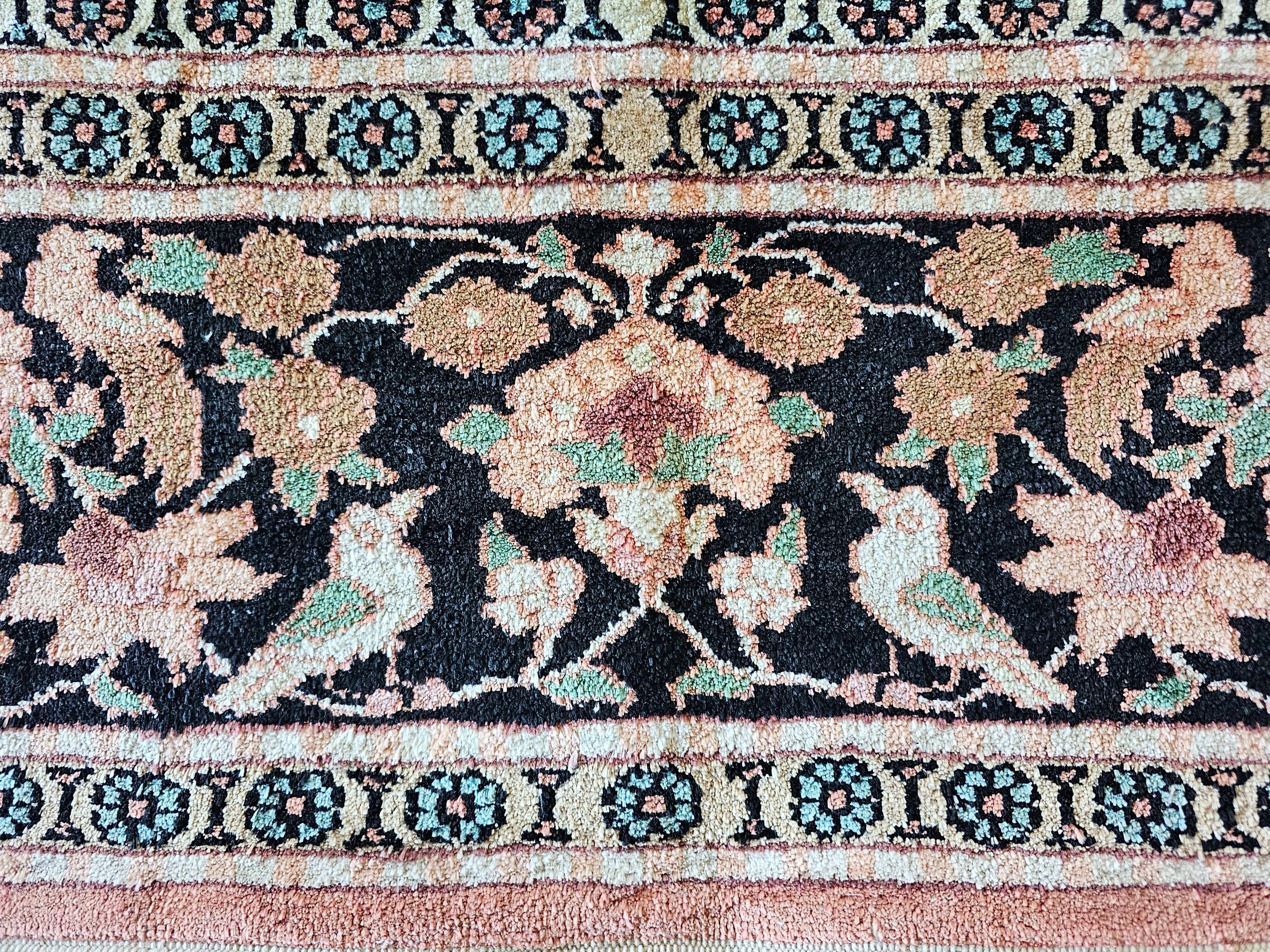 Vintage Kasmir Silk Hand-Knotted Rug with Floral Pattern, Pakistan 1950s