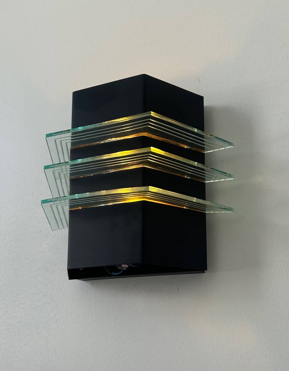 Vintage black metal and glass wall lamp, France 1980