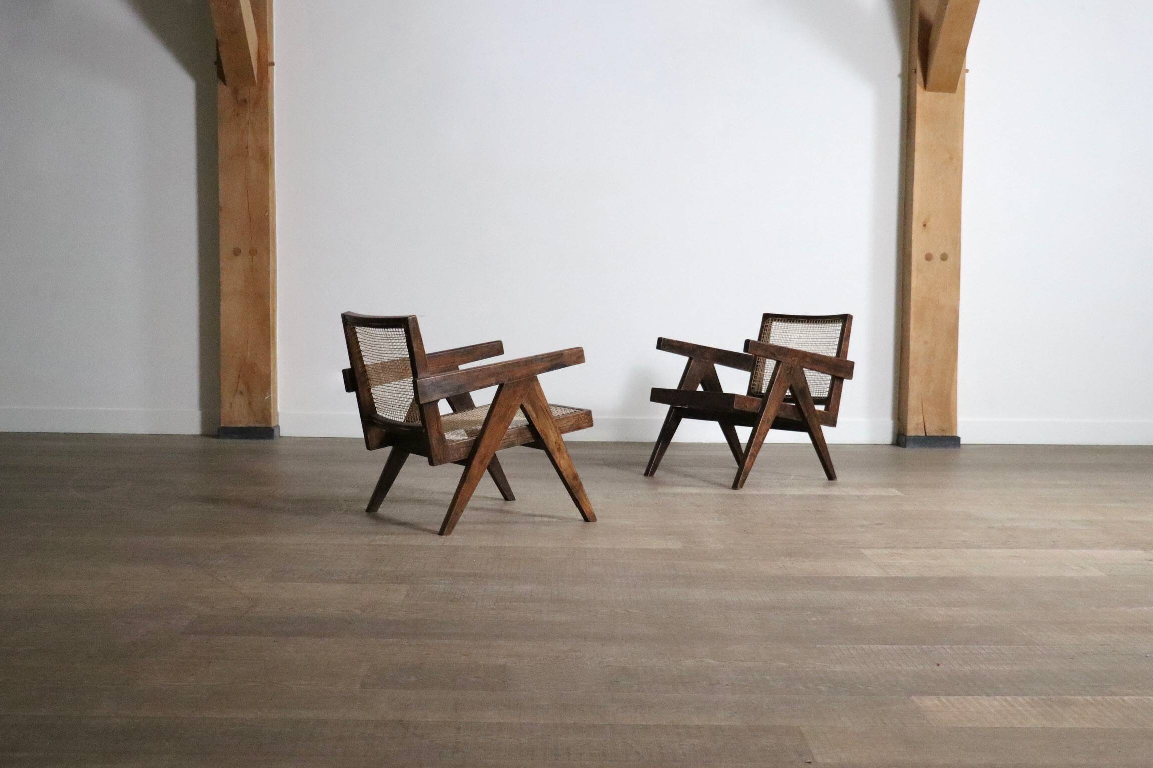 Pierre Jeanneret lounge chairs PJ-SI-29-A in teak and Cane, 1950s