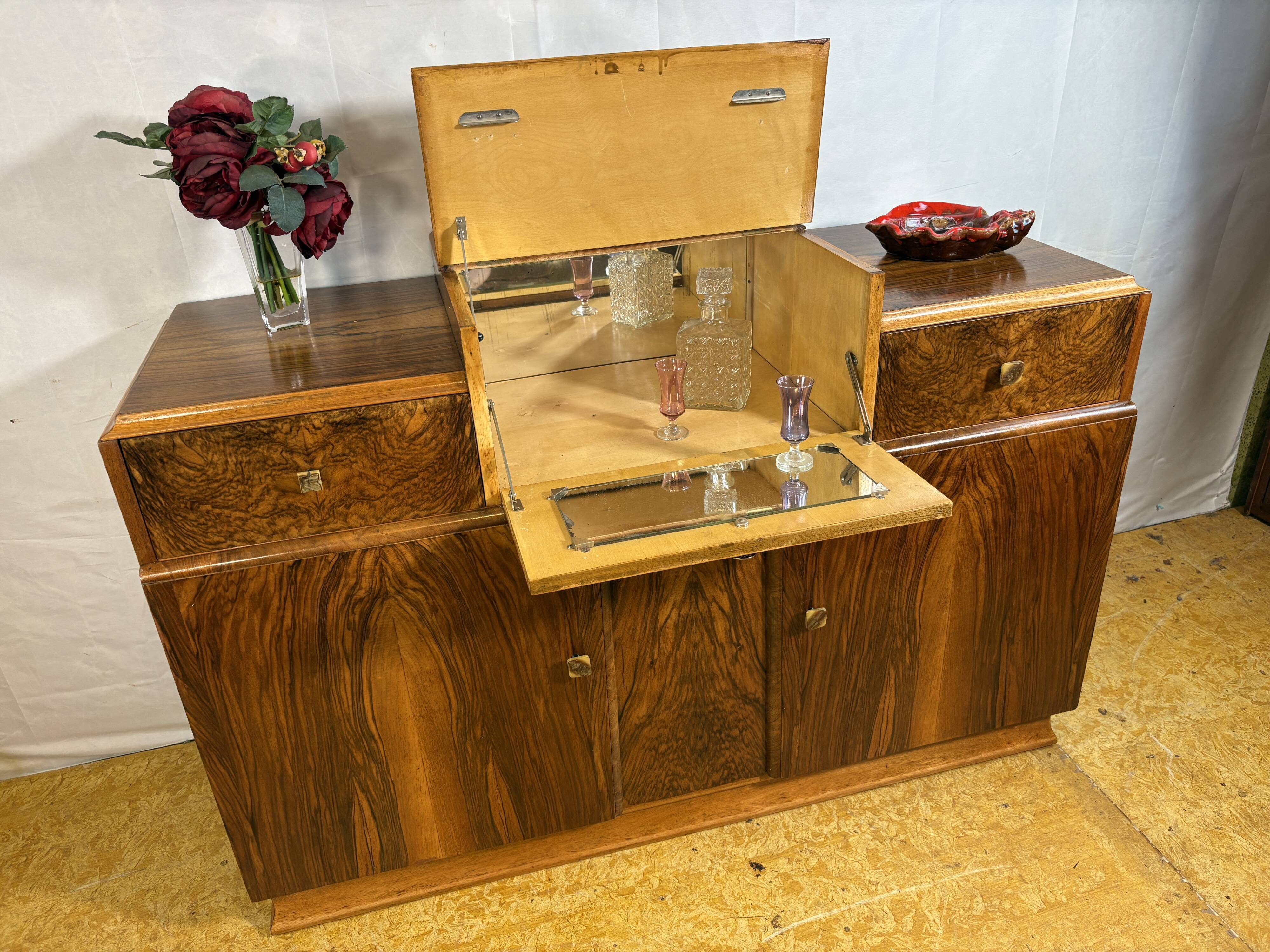 Art Deco English Burr Walnut Cocktail Sideboard – Circa 1930s  A stunning o