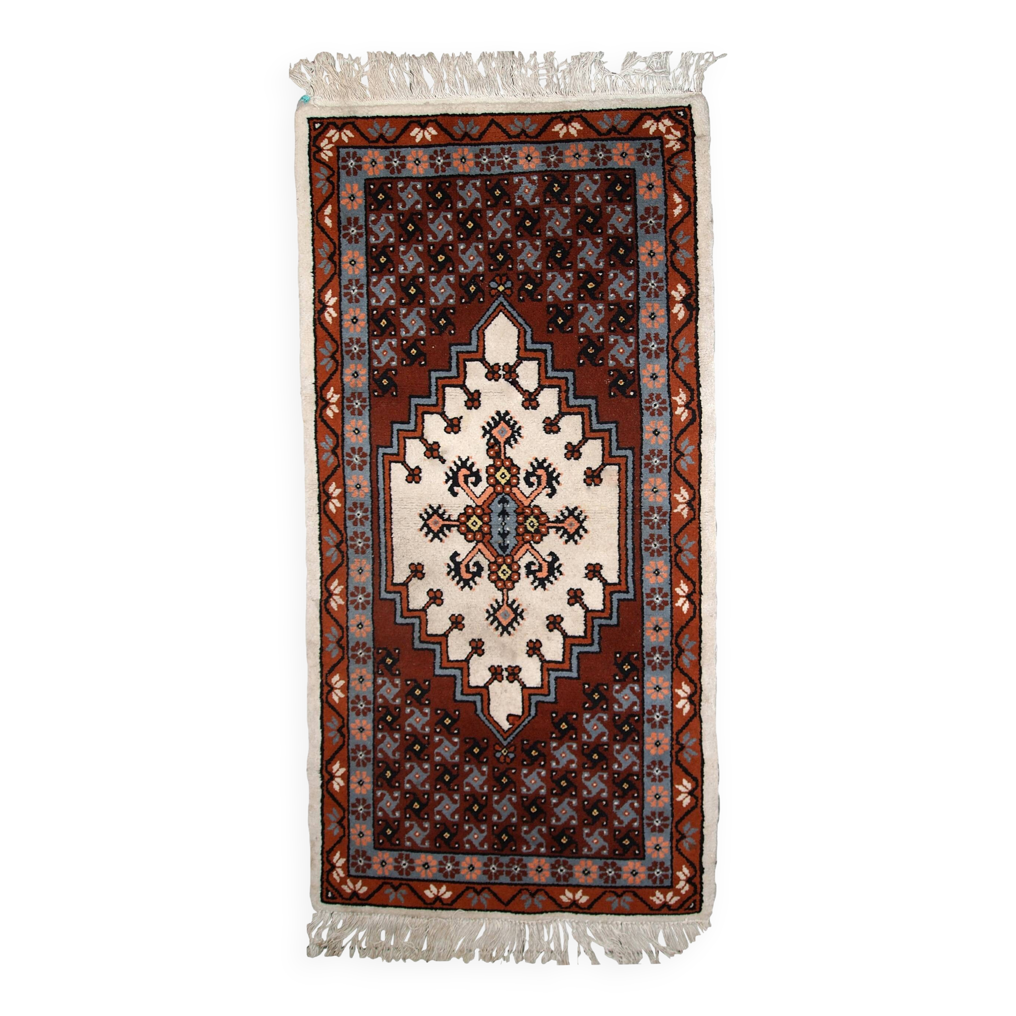 Tapis vintage fait main Berbère en laine bordeaux et blanc (81cm x 170cm)