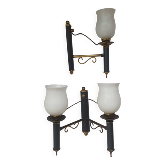 Pair of black torch wall lights Empire style house Lunel 1950s