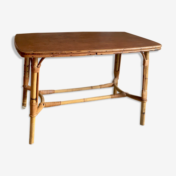 Table basse bois et rotin années 60