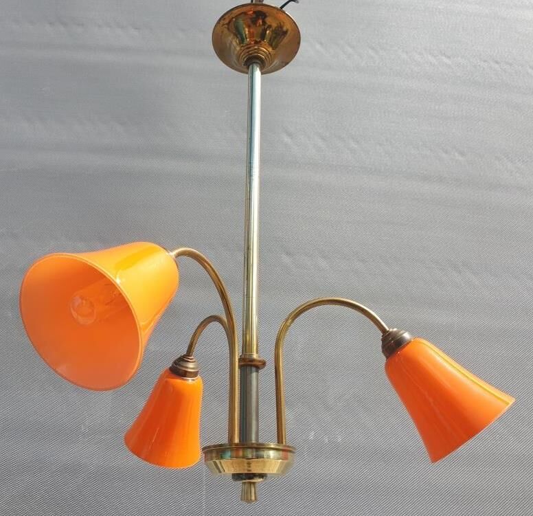 Brass chandelier 3 tulips orange Casimir 1970