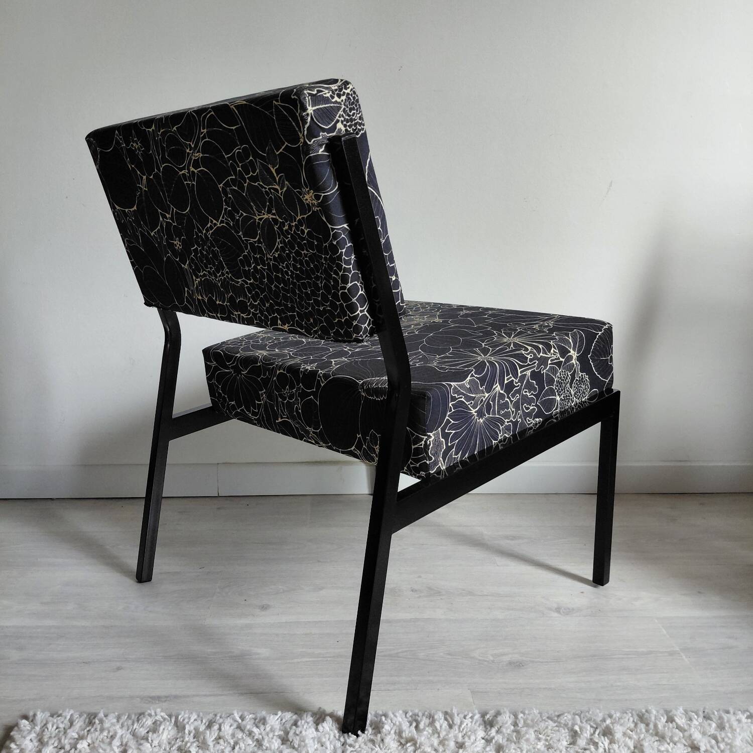 Pair of black metal and fabric armchairs, 1970s, restored.