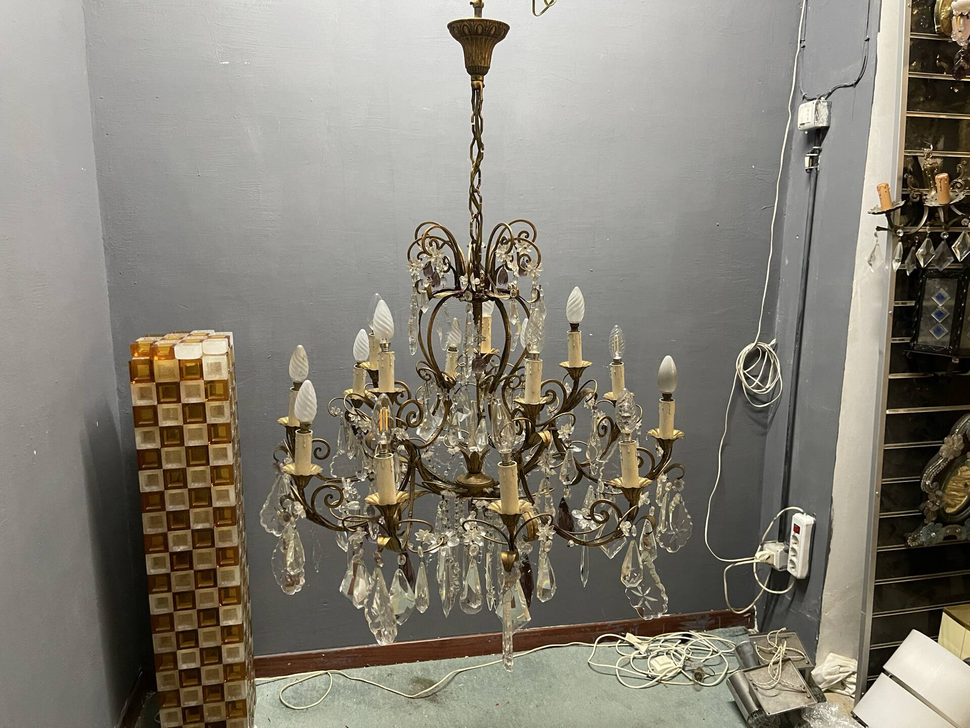 Large Florentine Tole Chandelier with Murano Glass Flowers, Italy, 195