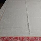 Nappe ancienne fil damassé rouge et blanc dix serviettes 150 X 190 cm