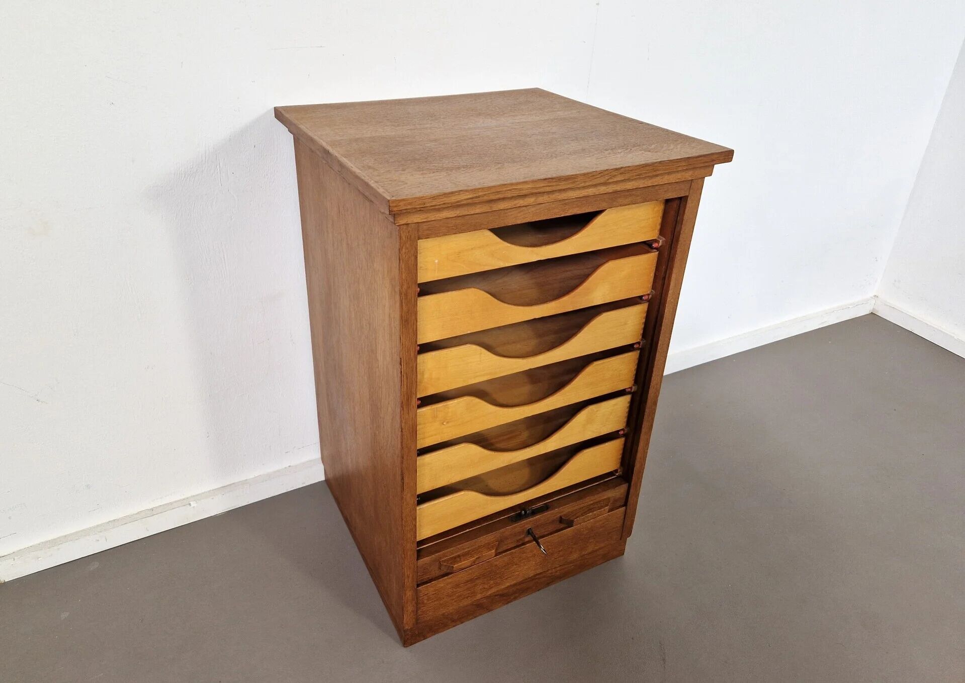 Vintage oak tambour cabinet | 1940s