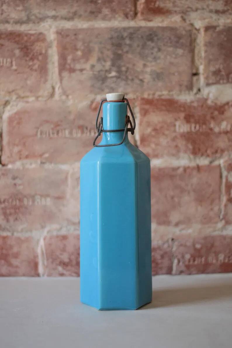 Bouteille de limonade en grès vernissé bleu , grès d'Alsace, poterie, collection
