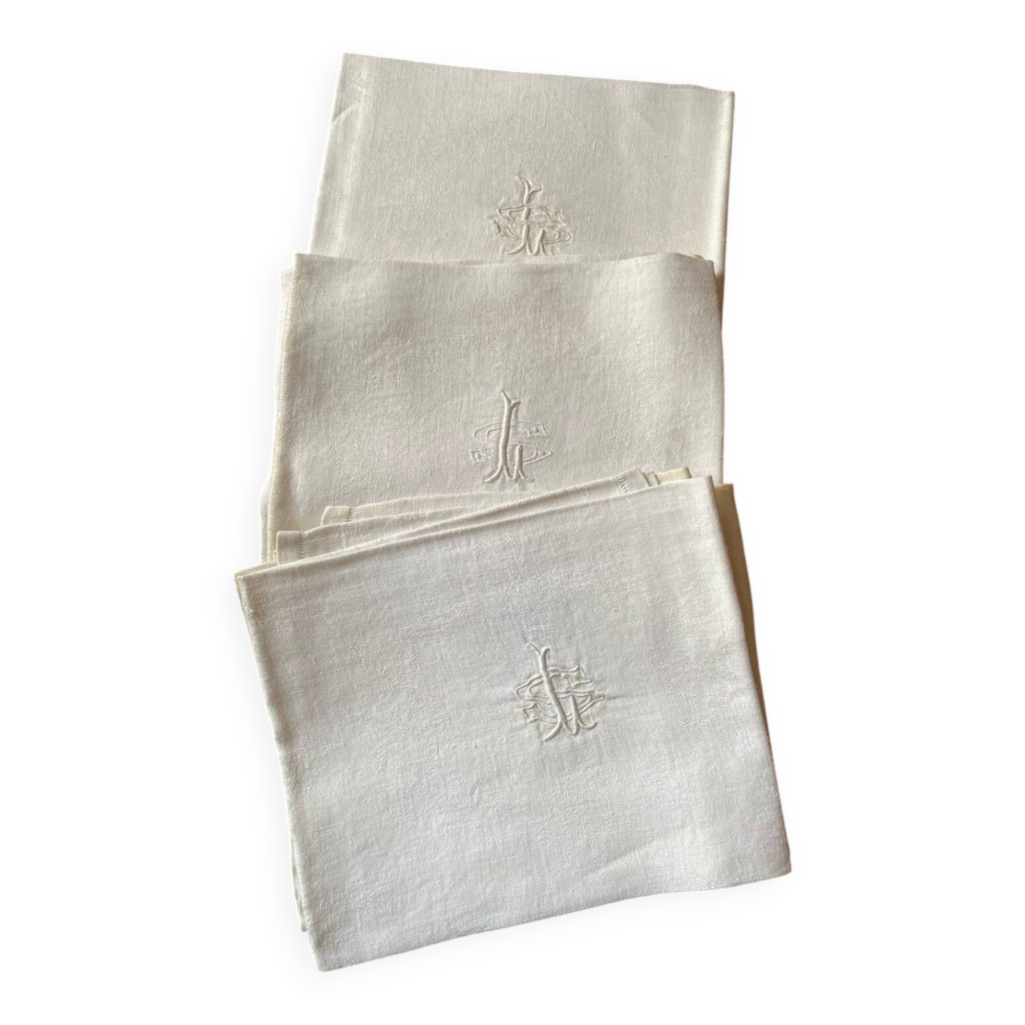 6  serviettes de table en fil de coton damassé blanc monogramme SL.