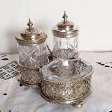 Serviteur salière , poivrier et moutardier en verre ciselé et métal argent
