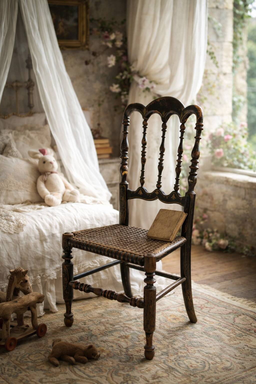 Child's Chair Napoleon III in Blackened Wood and Cane – Late 19th Century