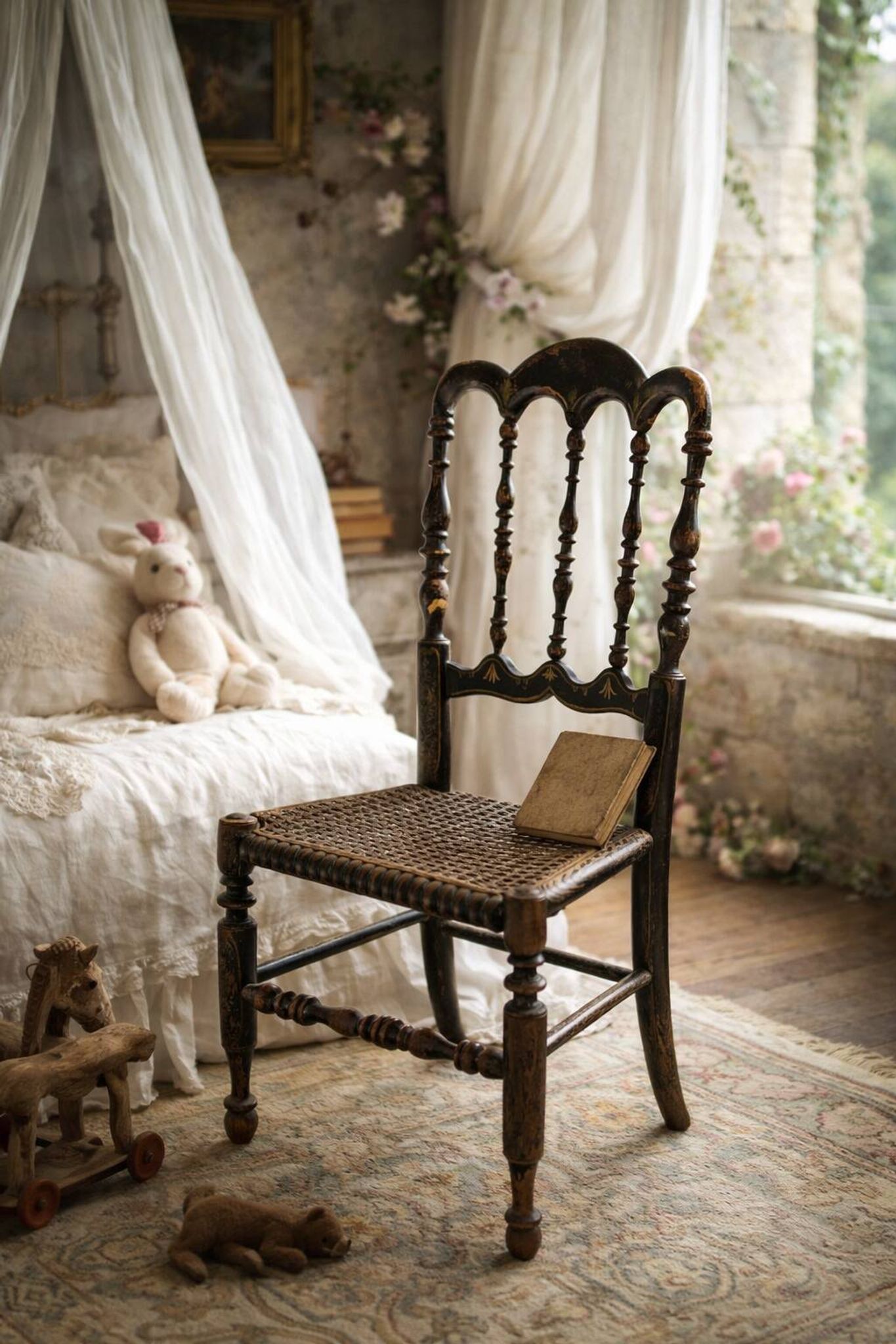 Child's Chair Napoleon III in Blackened Wood and Cane – Late 19th Century