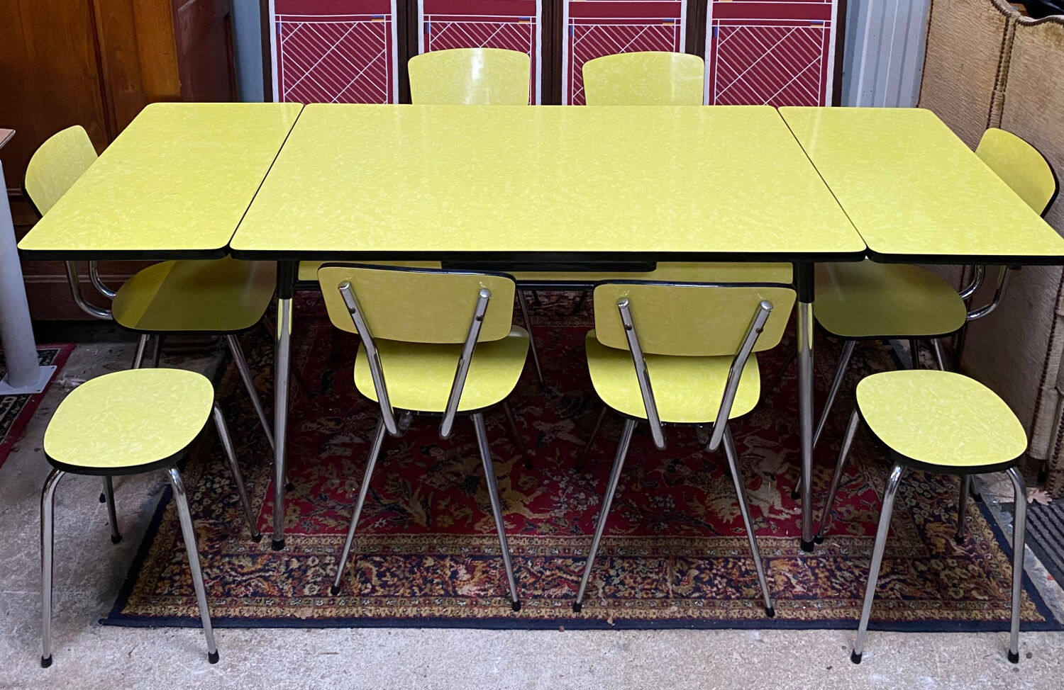 Roger Breton yellow formica set for Tublac, table, 6 chairs, 2 stools, 60s