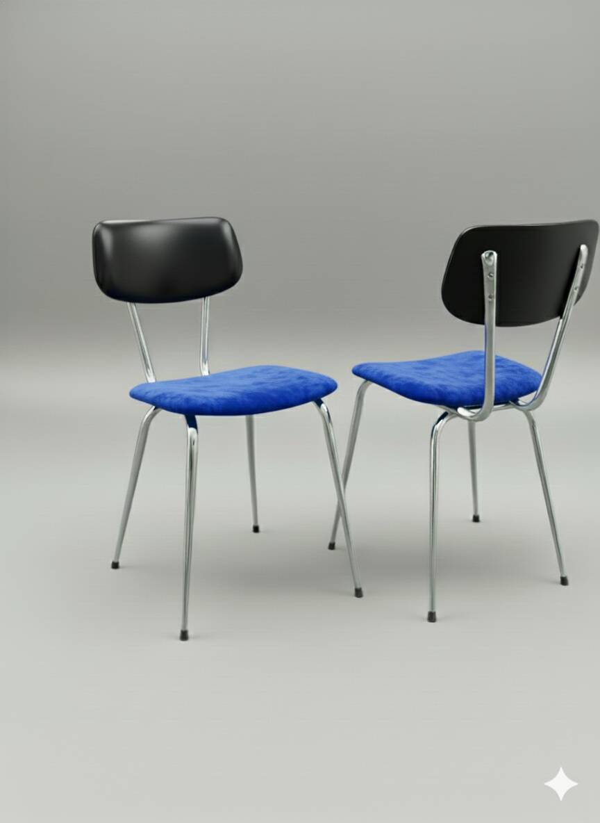 Chrome chair from the 70s – seat in electric blue velvet.