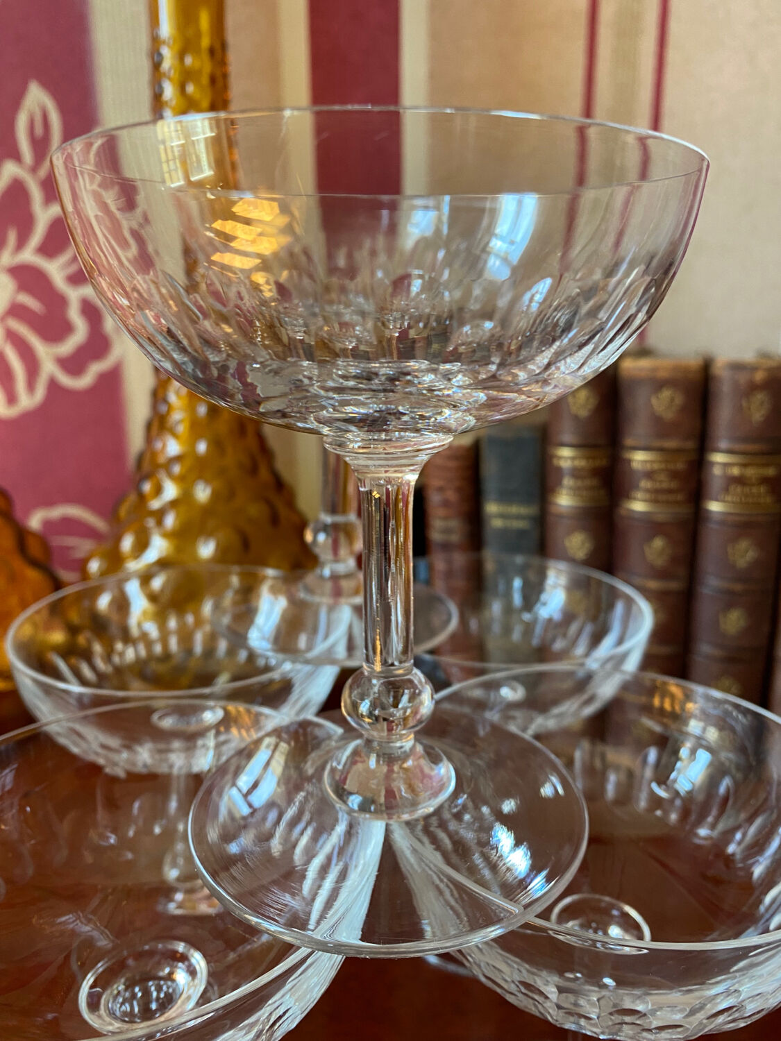 6 1920's crystal champagne glasses
