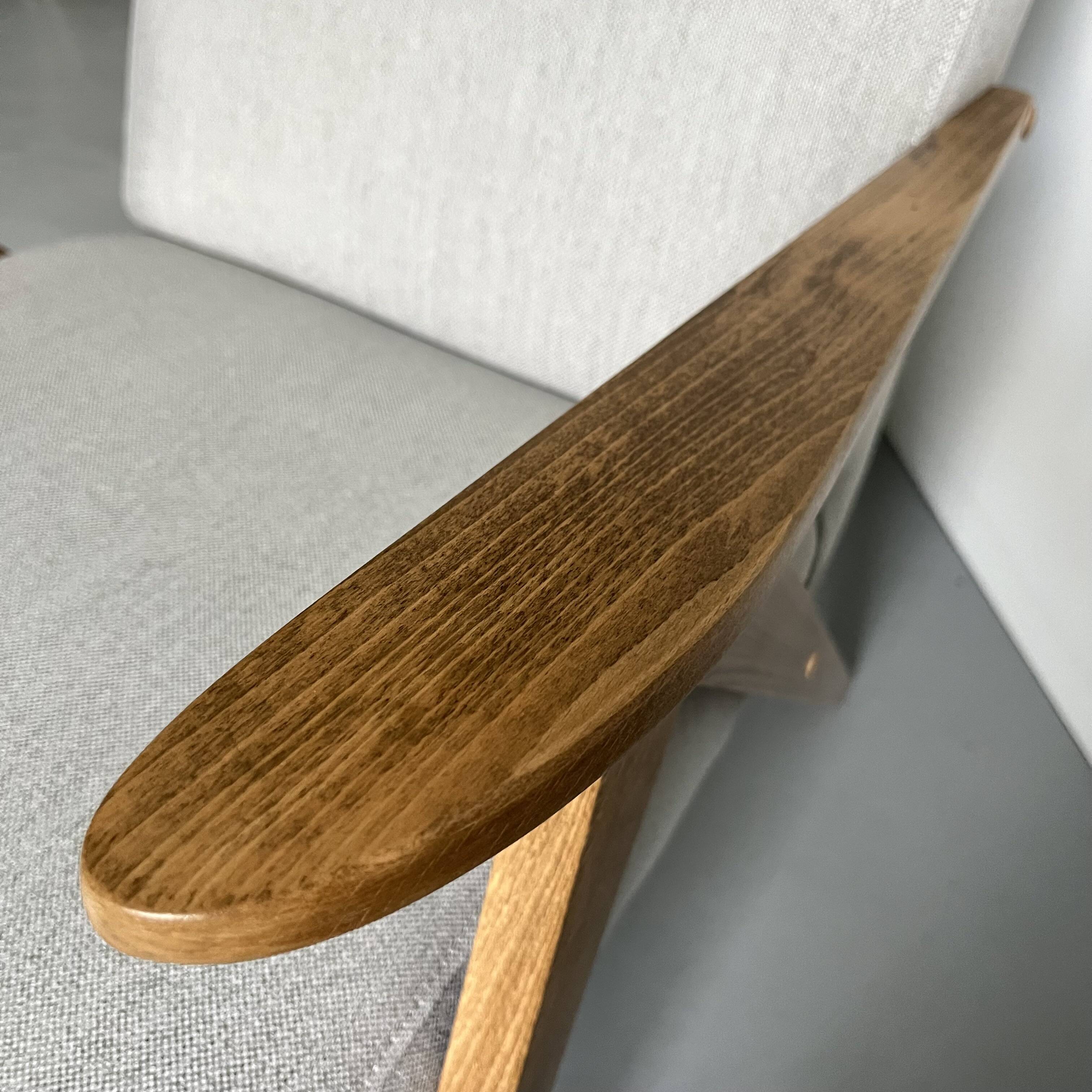 Vintage Mid Century Modern Armchair: Grey Fabric & Beech Wood Frame