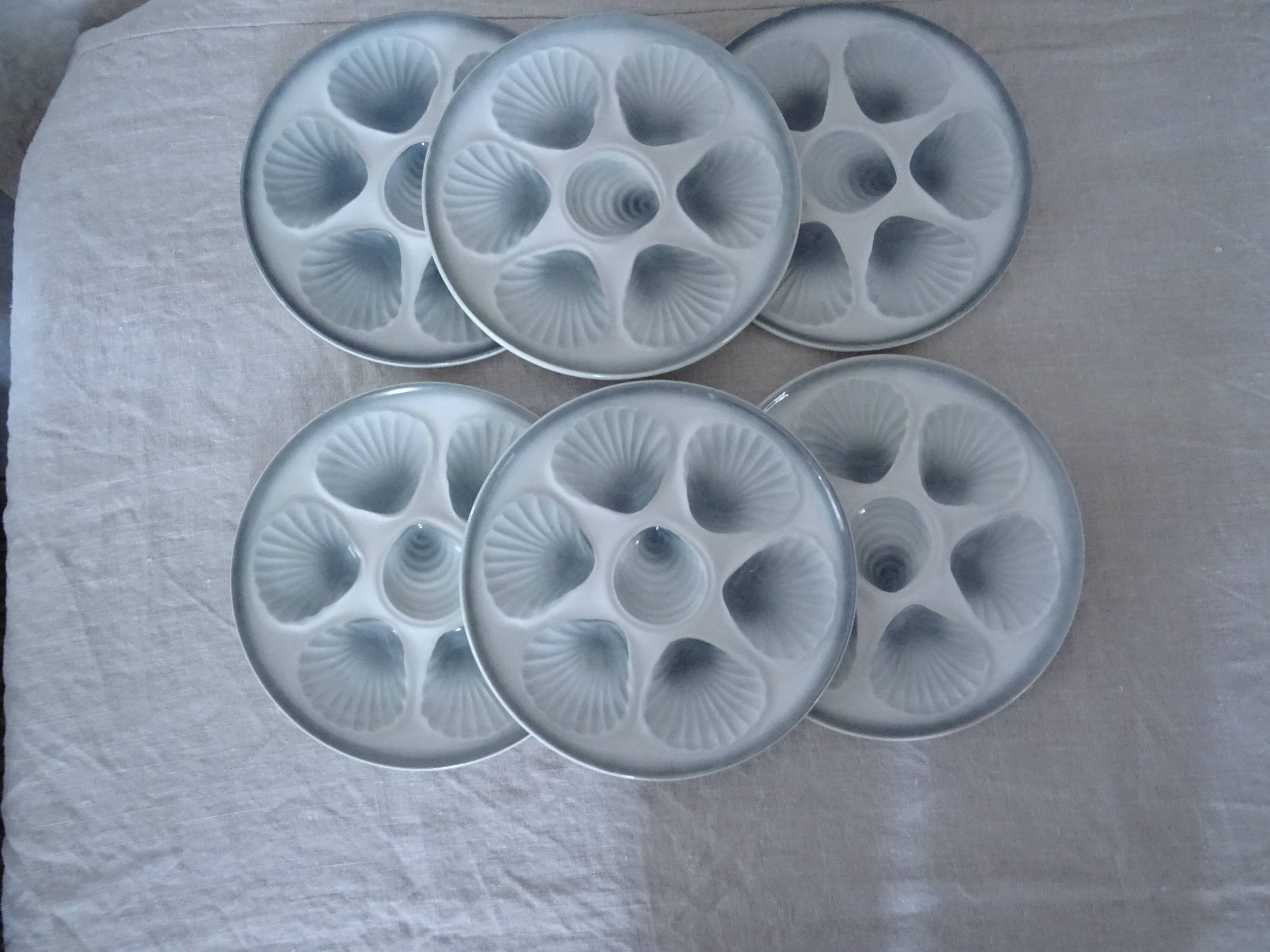 6 oyster plates slip mill wolves blue gray 1492 old faience