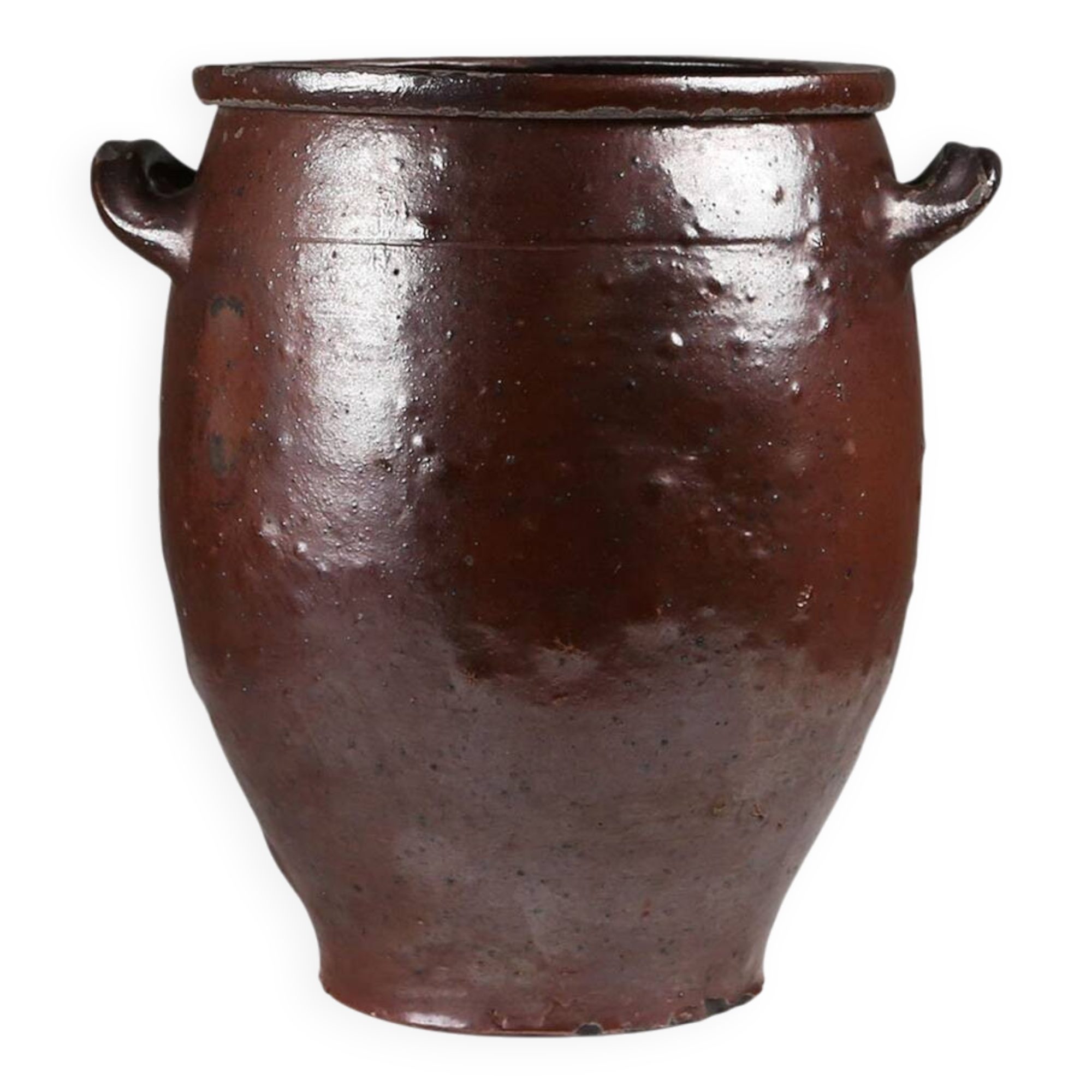 Signed Rustic Large Glazed Brown Ceramic Pot, Belgium, 1800s