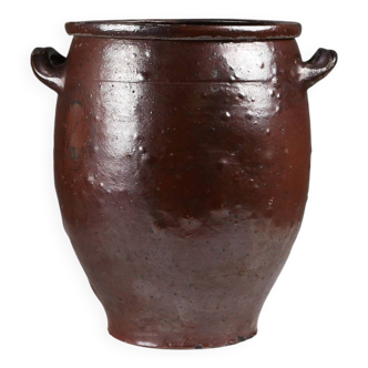 Signed Rustic Large Glazed Brown Ceramic Pot, Belgium, 1800s