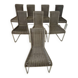 Set of 8 designer tubular chairs Tecta bauhaus style metal and gray canework vintage 80s