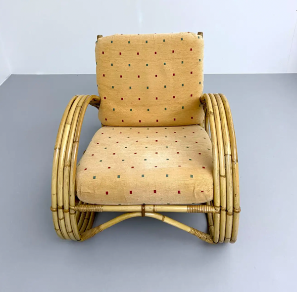 Chaise longue en rotin, bambou et tissu, France, années 1960