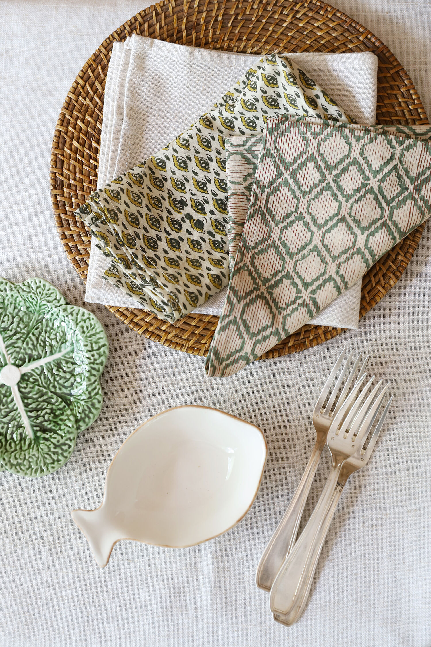 Set of 4 block-print towels with green stripes