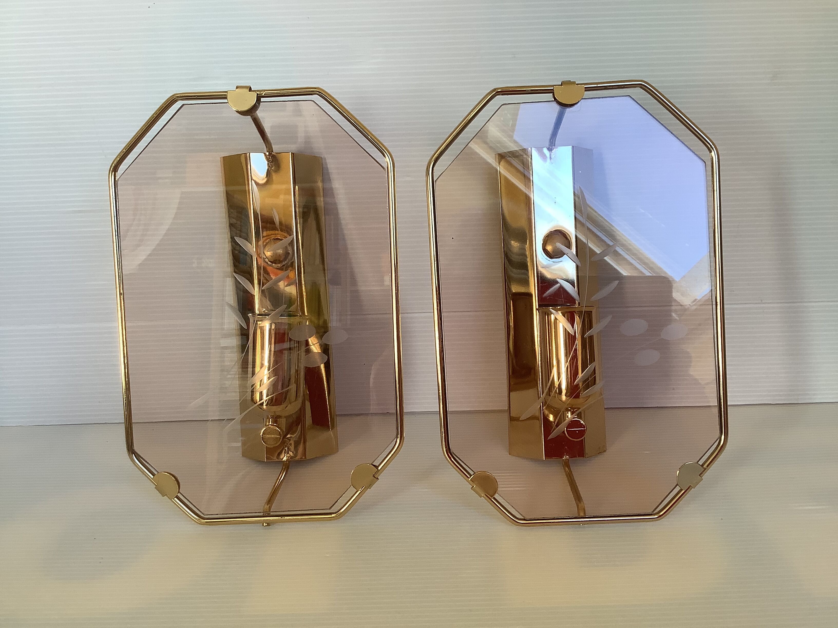Pair of old brass wall lamps cut glass