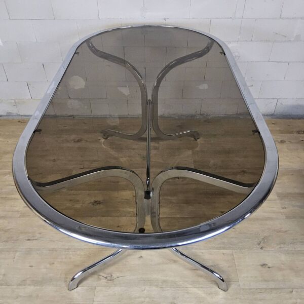 Table à manger vintage en chrome et verre fumé de Gastone Rinaldi + chaises