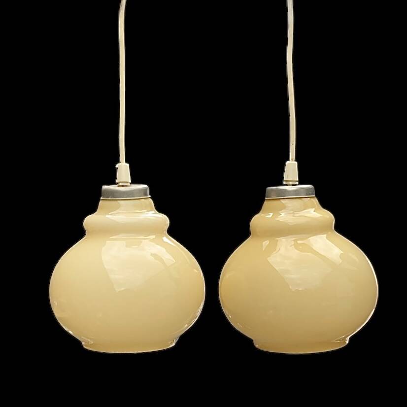 Pair of antique cream opal glass pendant lights – 1970s