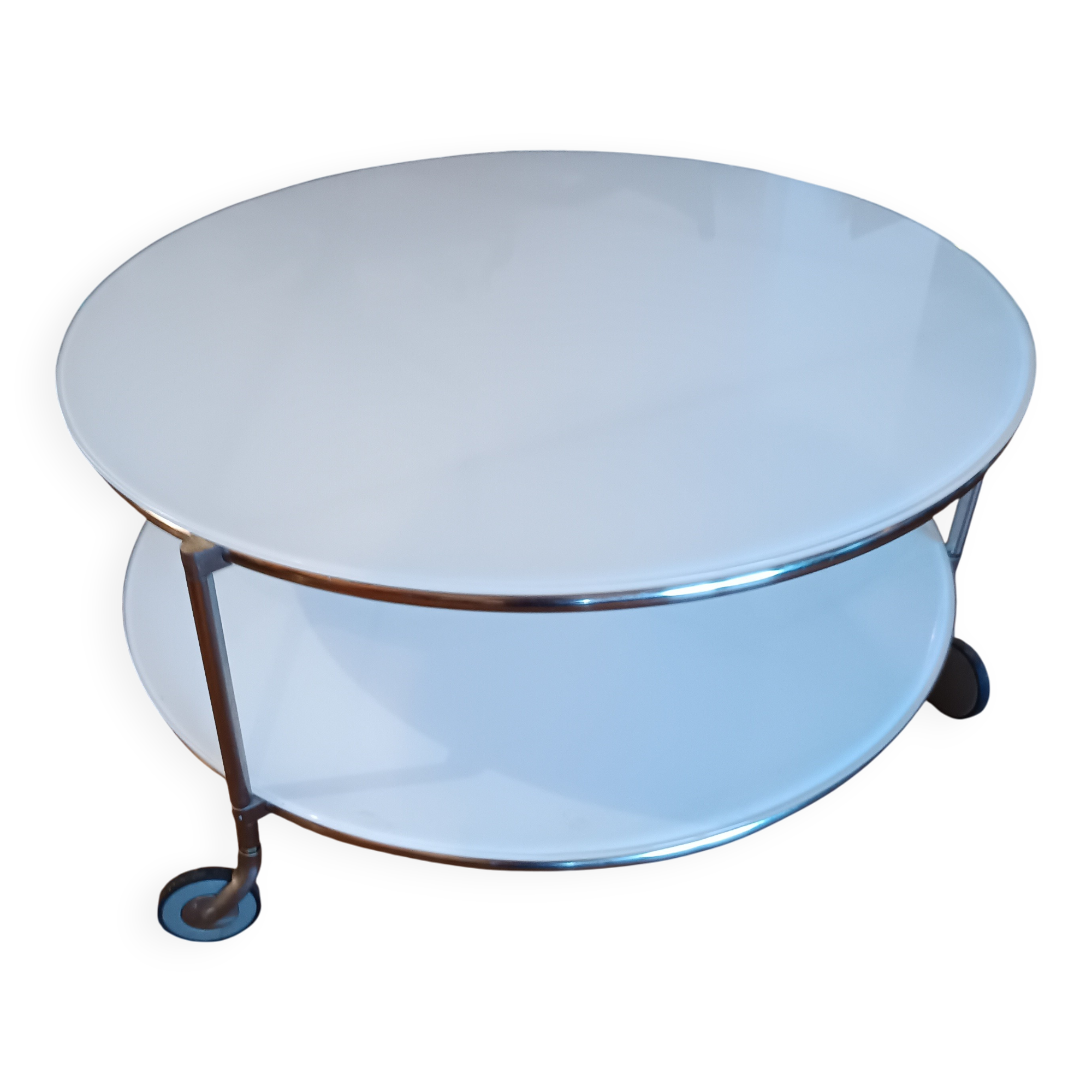 Table basse STRIND par Ehlen Johansson pour IKEA, verre opalin et chrome