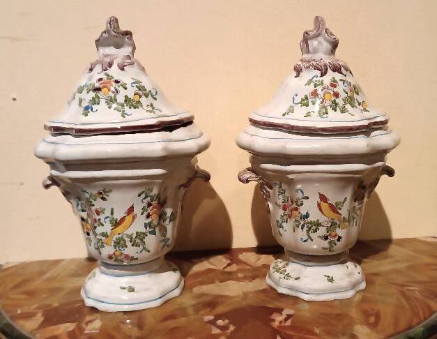 Pair of decorated earthenware vases, 18th century, France