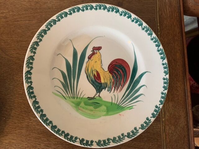 Two collection plates hand-painted rooster pattern signed fab Quimper and wolf mill hamage