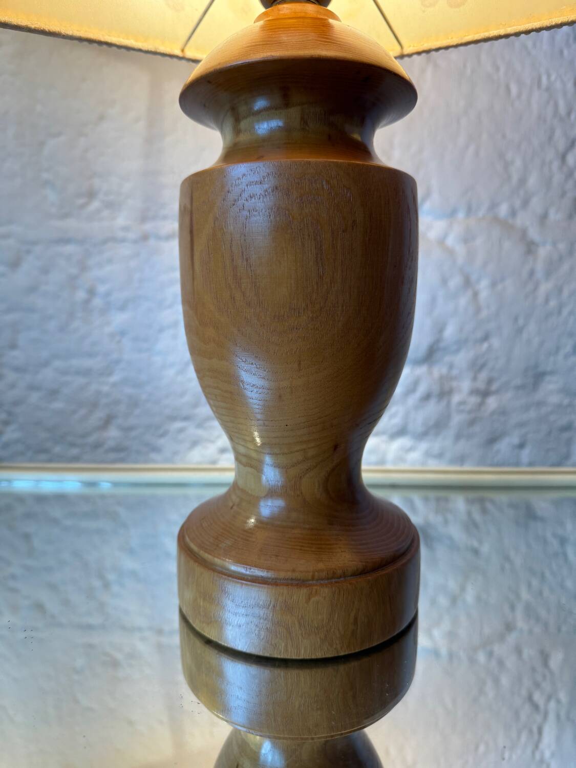 Turned wood lamp with a herbarium lampshade from the 1970s.