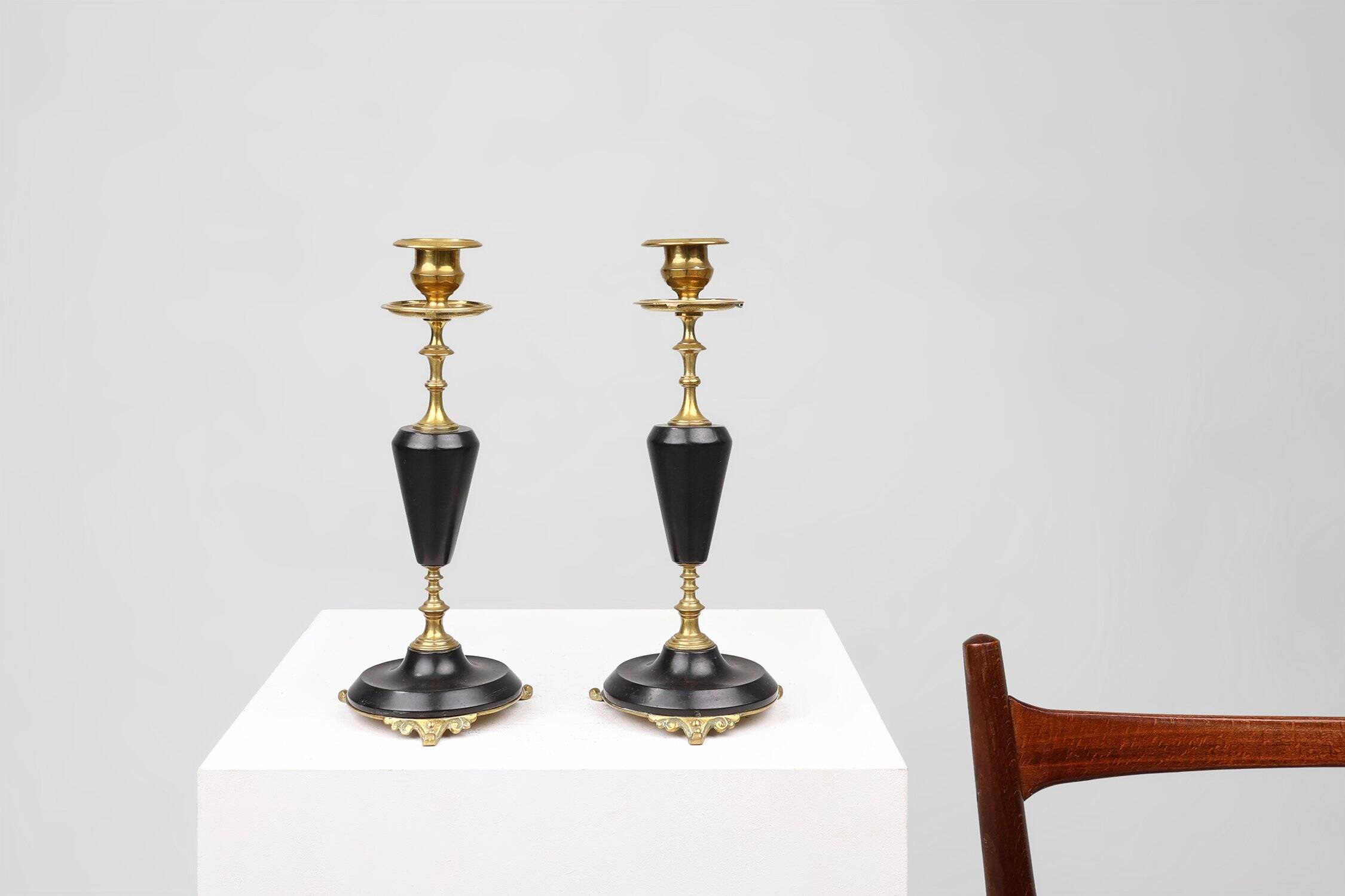 Empire Style Bronze and Ceramic Candlesticks, France, 1870s, Set of 2