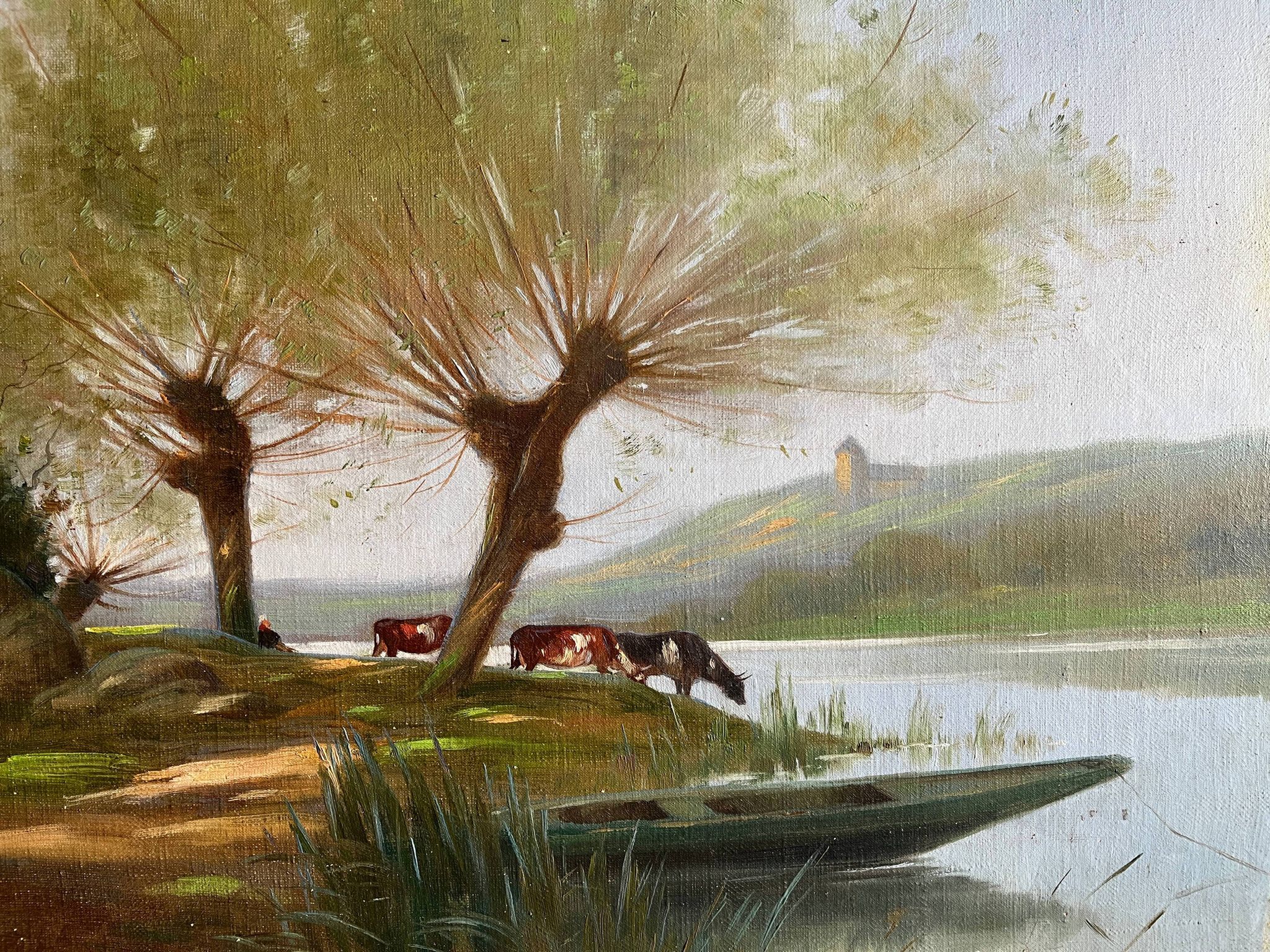 Tableau HST "Landscape by the Water with Cows" signed Paul Nicolet (20th century)