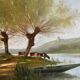 HST painting "Landscape along the water with cows" signed Paul Nicolet (20th century)