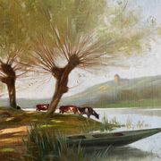 Tableau HST "Landscape by the Water with Cows" signed Paul Nicolet (20th century)