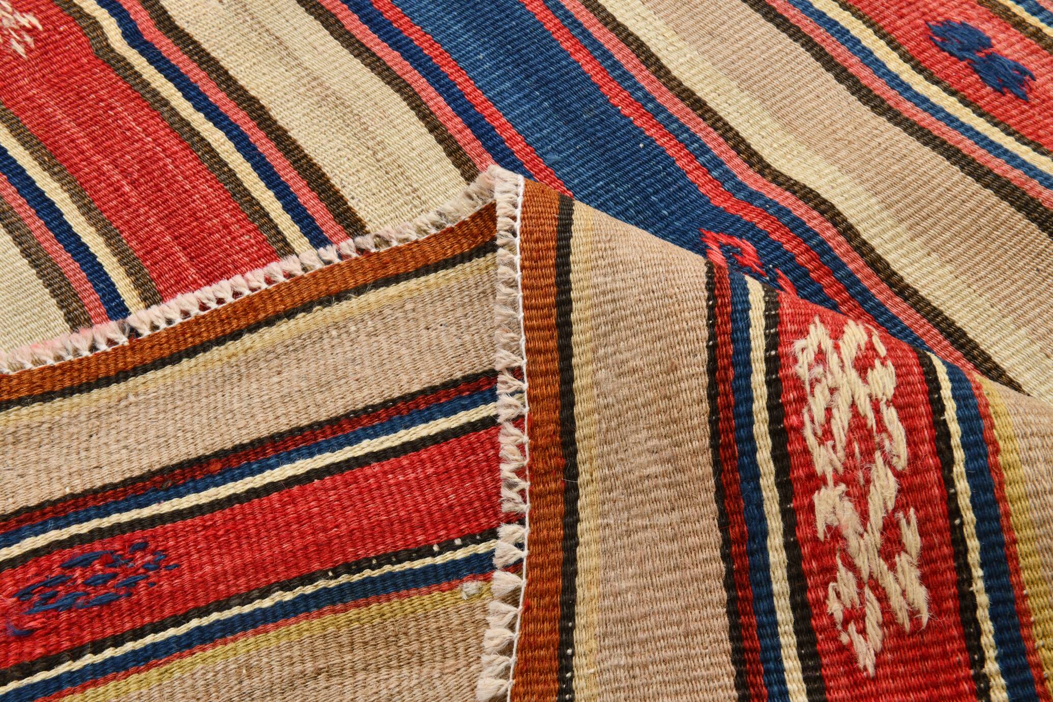 Cream Blue Striped Pattern Vintage Kilim Rug, 162x267Cm