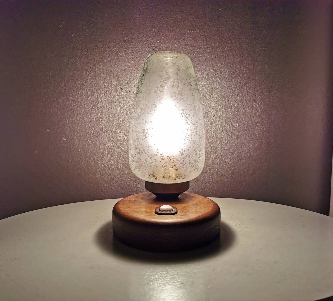 Wooden table lamp with 80s glass cap