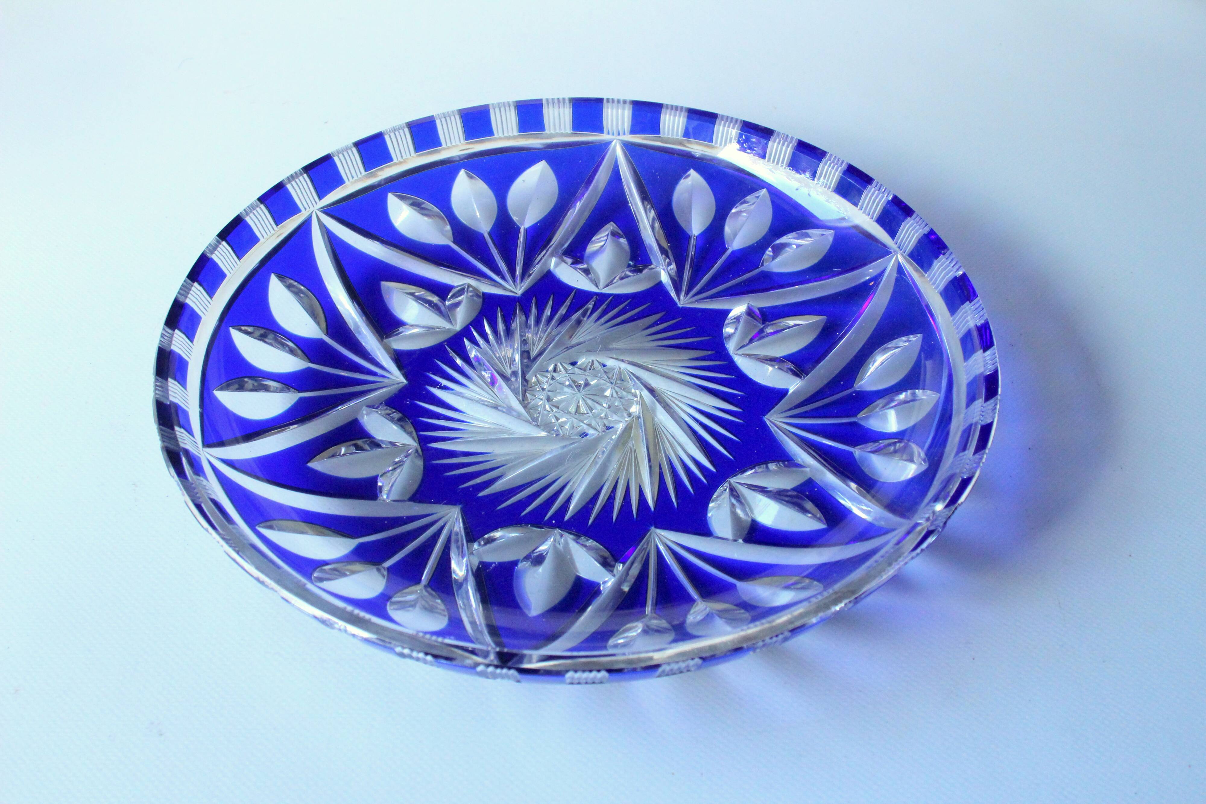 Bohemian crystal glass bowl - cobalt blue  hand cut to clear engraved glass