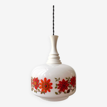 Suspension années 70 - opaline blanche avec fleurs orange