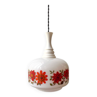 70s pendant light - white opaline with orange flowers