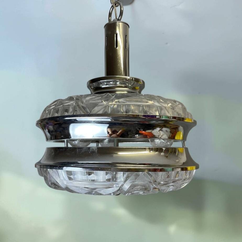Mid Century Italian Modern glass and chrome hanging lamp