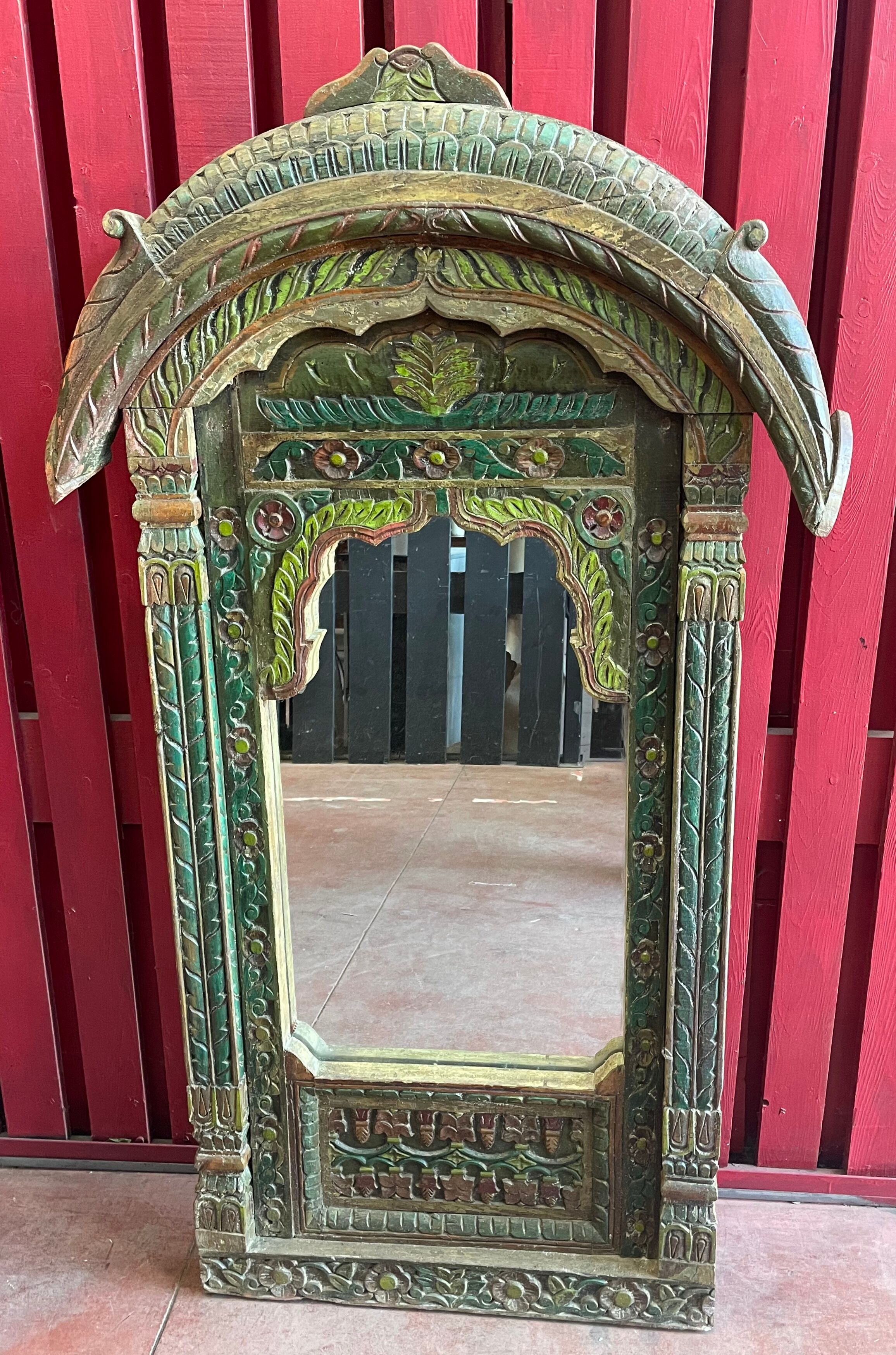 Polychrome teak mirror plant décor India Rajasthan late 1800 97x163cm