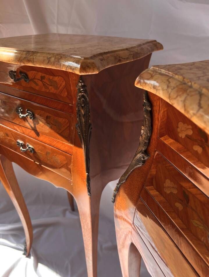 Louis XV Marquetry Bedside Tables, Pair of Vintage French Nightstands