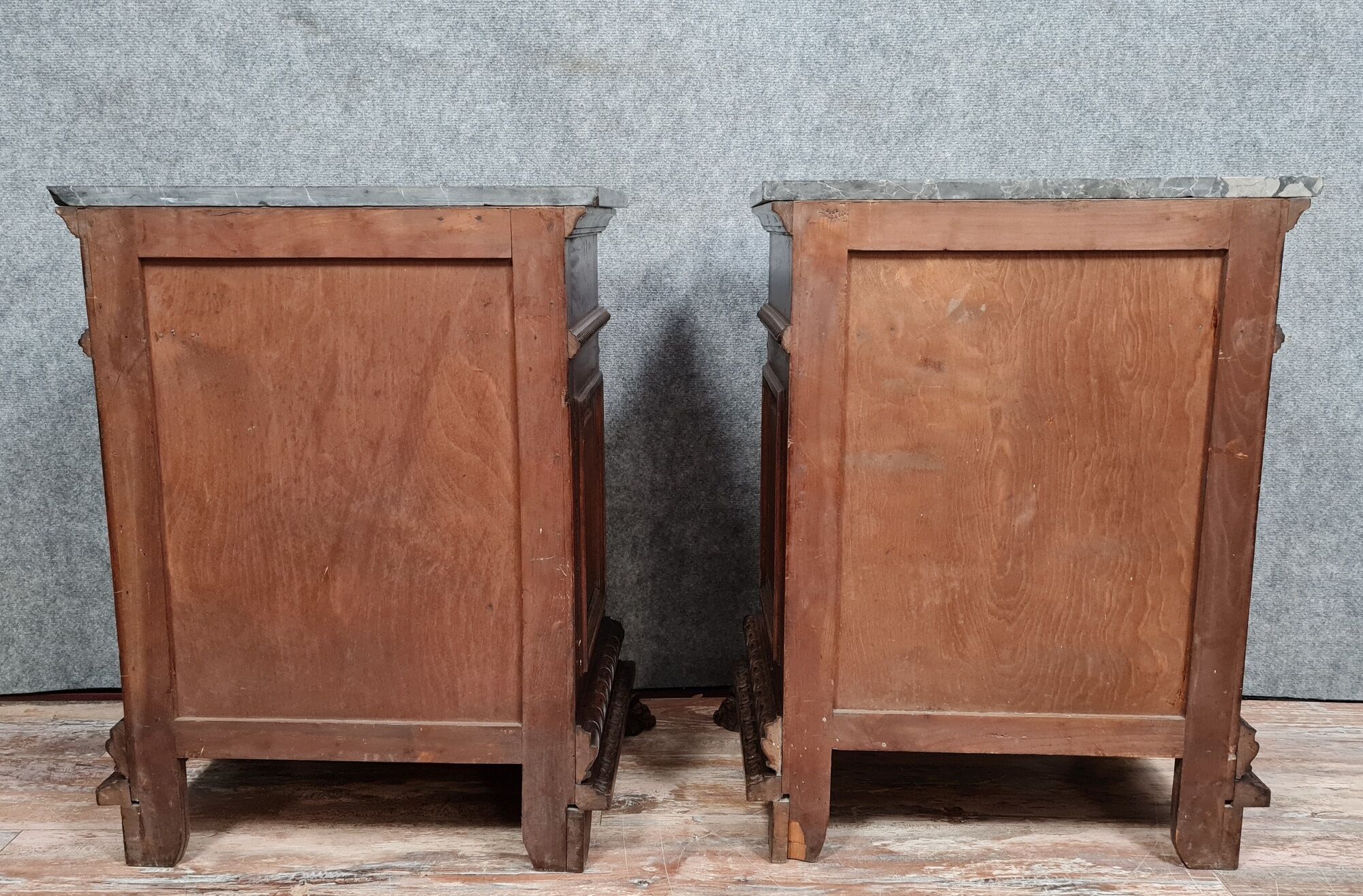 Pair of ceremonial furniture or Renaissance walnut bedside tables around 1850